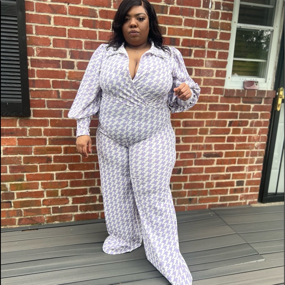 Plus size lavender and white jumpsuit
